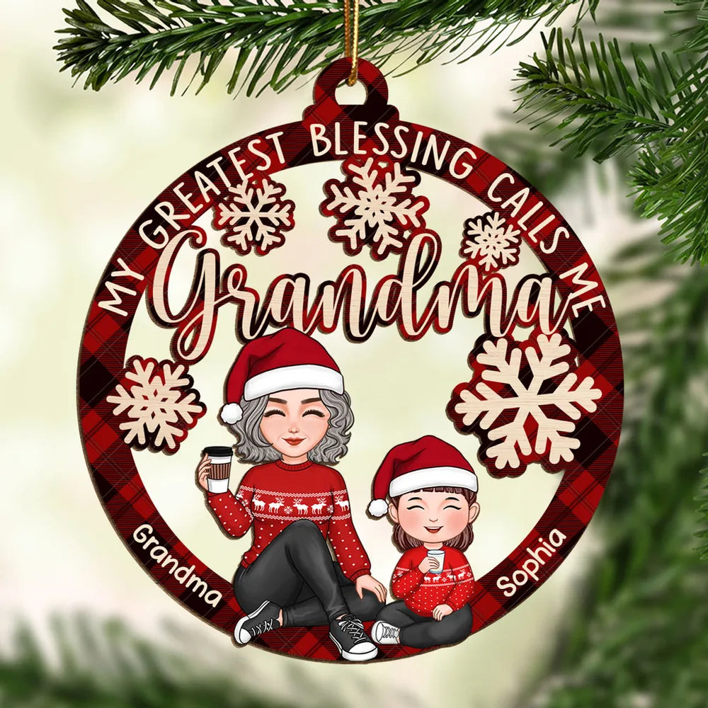 keychain, Grandma Ornament with plaid pattern featuring a grandmother and granddaughter.