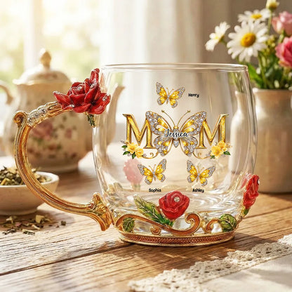 Personalized Enamel Flower Tea Cup with Butterfly Mom Monogram, Unique Gift for Mom, Warm Everyday Tea Moment