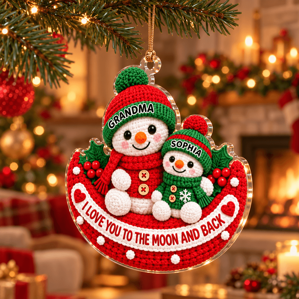 Personalized Crochet-Style Snowman Acrylic Ornament, Grandma & Grandkid Christmas Gift, Love You to the Moon and Back