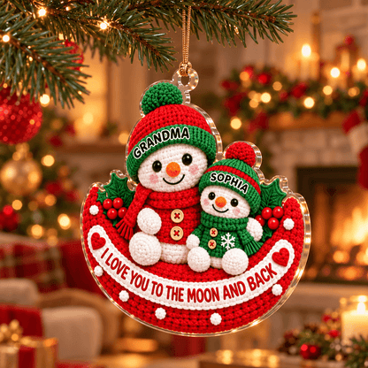 Personalized Crochet-Style Snowman Acrylic Ornament, Grandma & Grandkid Christmas Gift, Love You to the Moon and Back