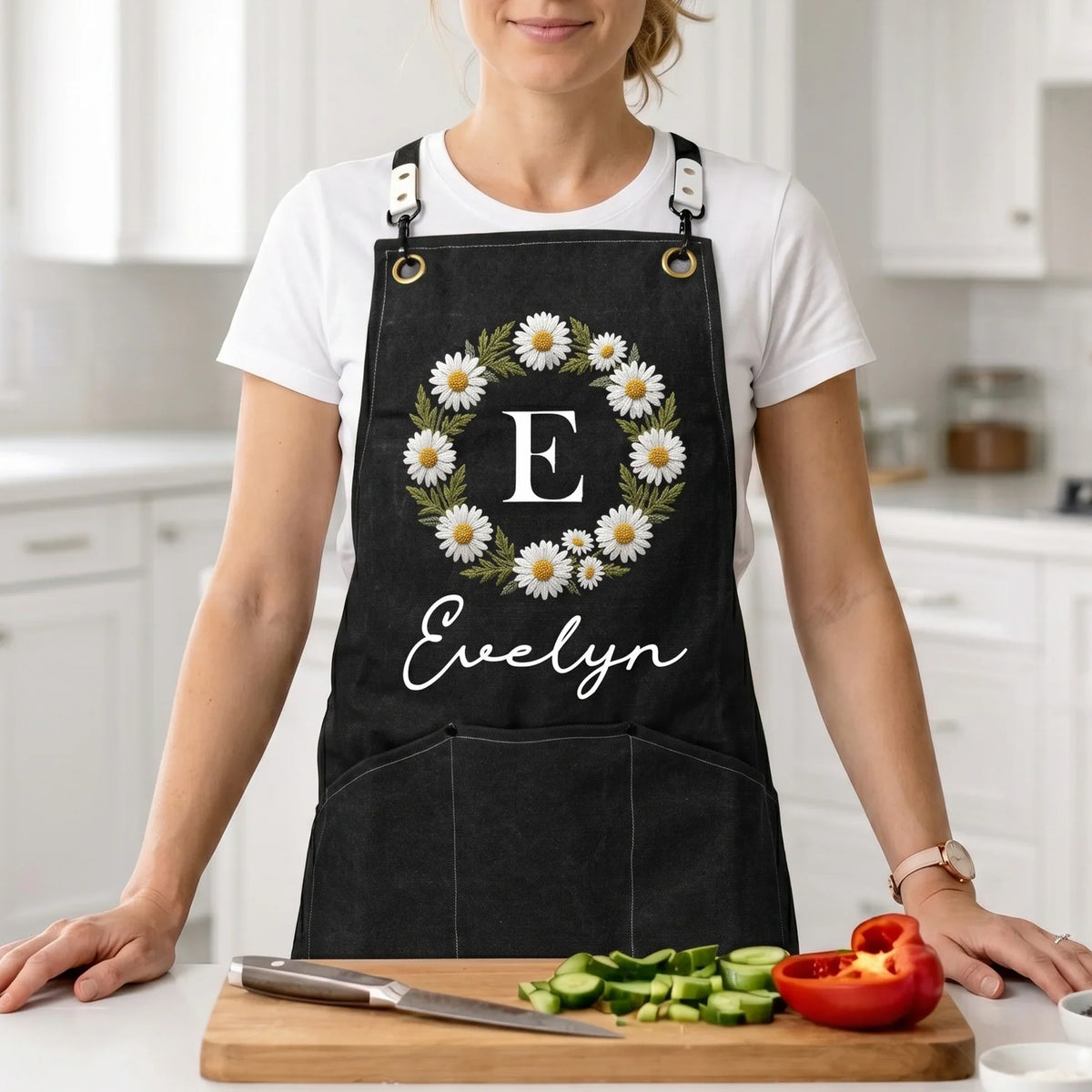 Custom Floral Printed Canvas Pocket Apron for Baking Days, Unique Creative Gift for Gardeners & Friends