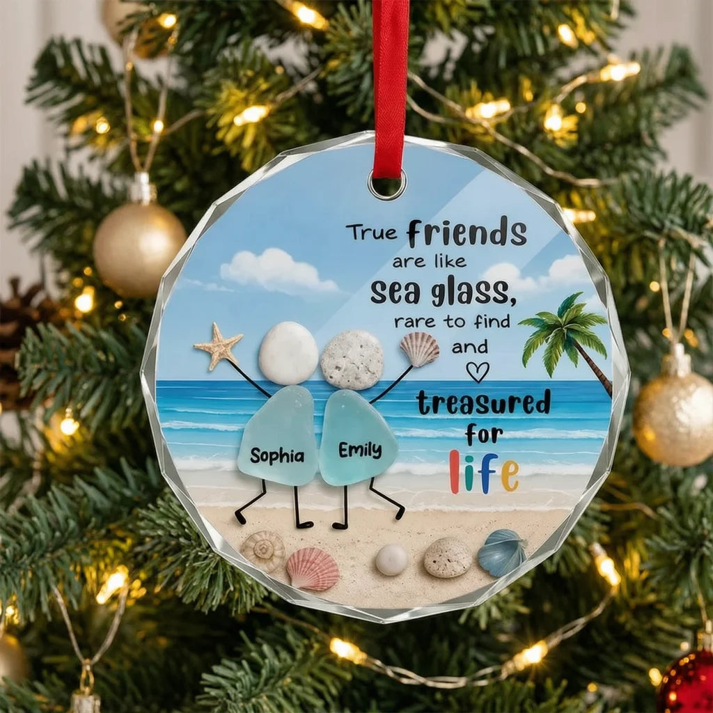 Crystal Ornament, Treasured for Life Sea Glass Friends on a Sunny Beach, Personalized Creative Gift for Bestie
