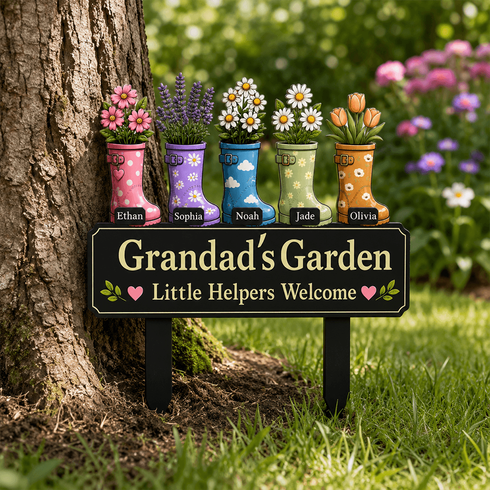 Personalized Garden Metal Stake for Grandpa or Grandma, Custom Title, Names & Flowers, Sweet Gift from Grandkids