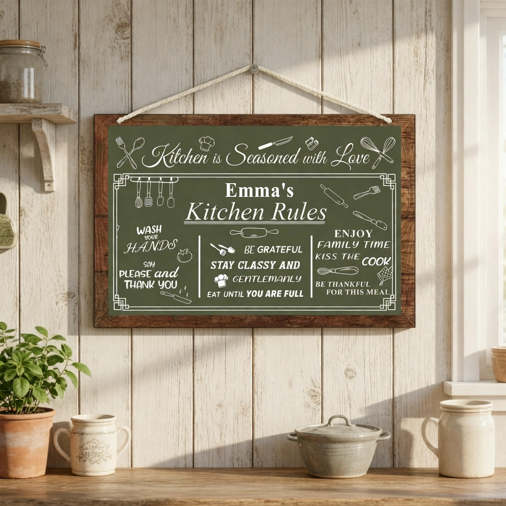 Custom Name Kitchen Rules Wood Sign, Personalized Vintage Green Wall A ...