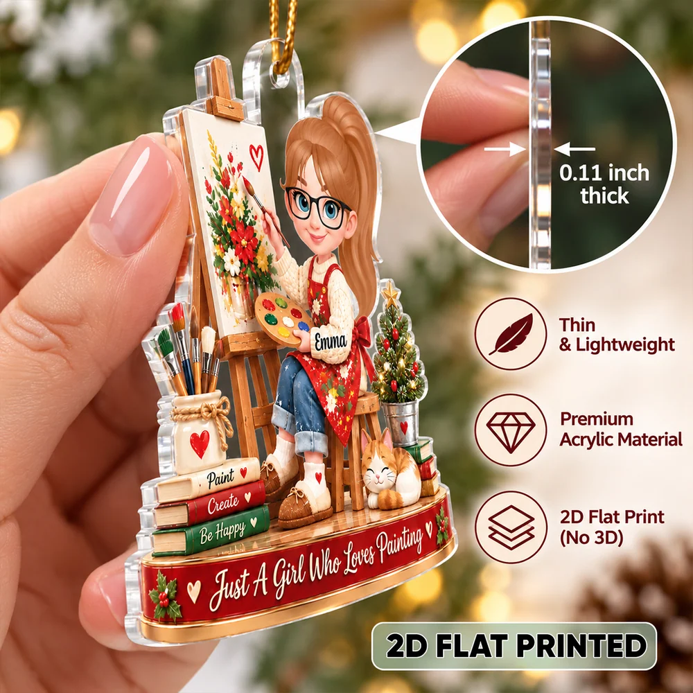 Personalized Acrylic Ornament, Girl Painting by a Christmas Tree, Unique Gift for Granddaughter