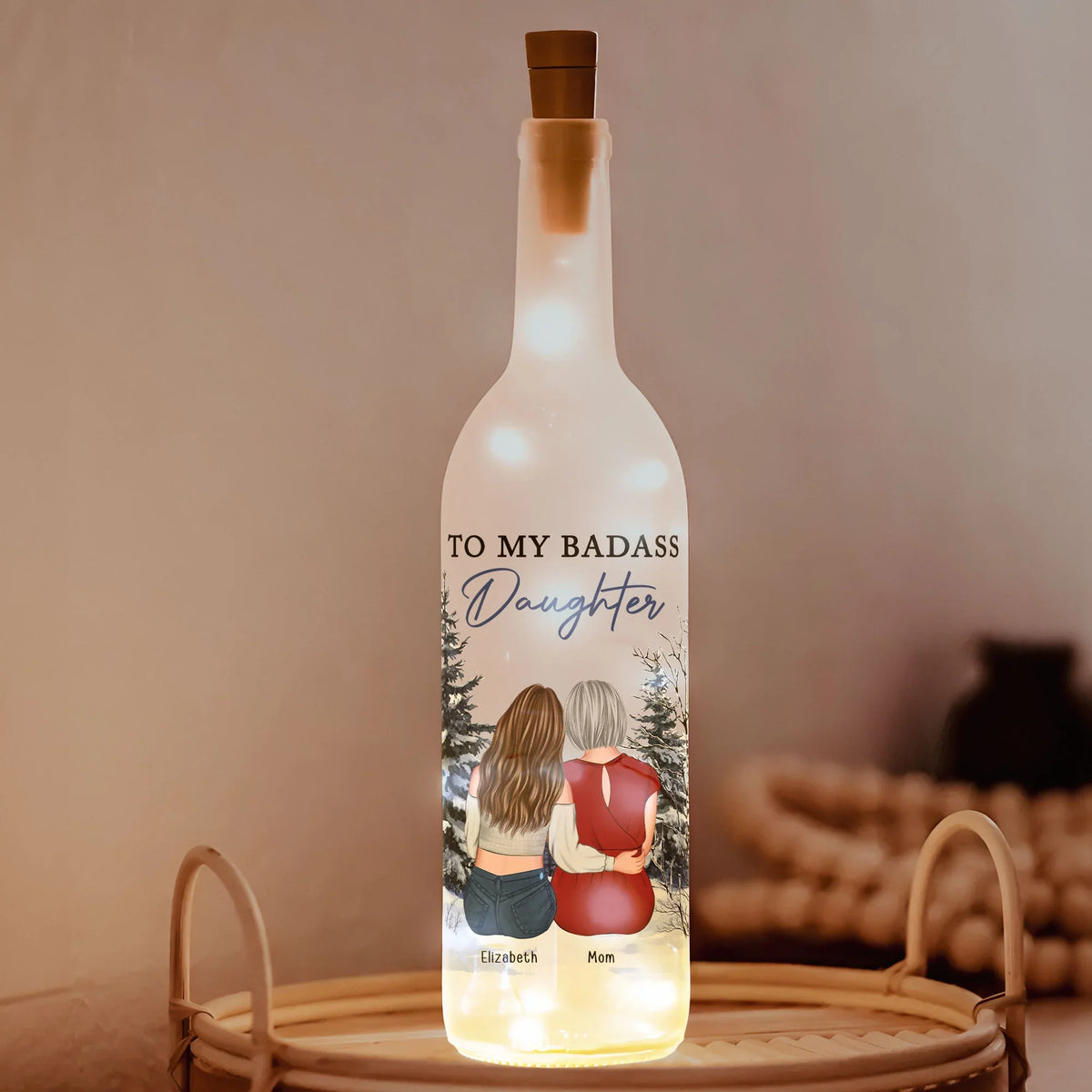 Personalized Bottle Lamp for Daughter, Cozy Warm Glow Winter Scene, Unique Gift From Mom With Encouraging Quote