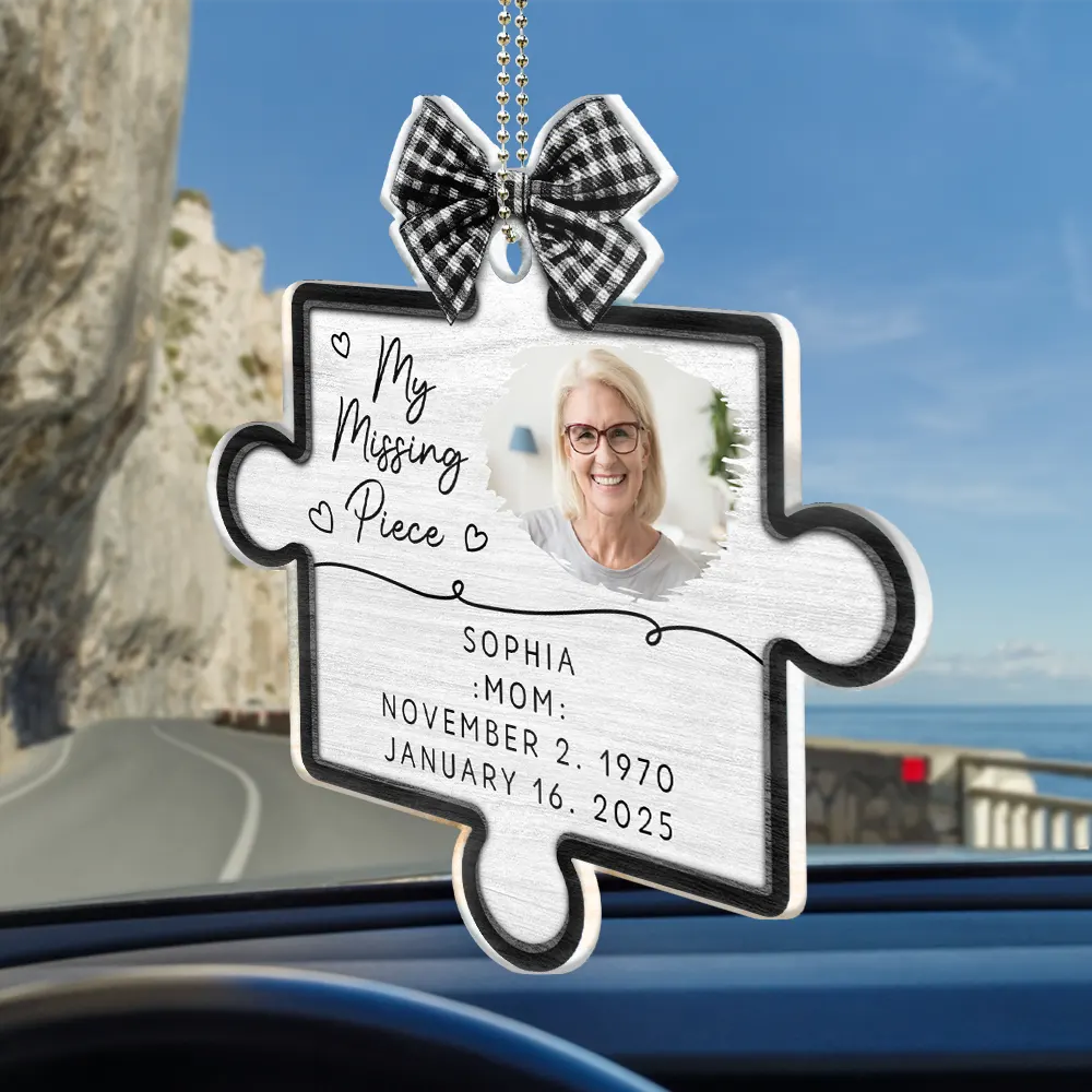 Personalized Acrylic Car Hanger Memorial Puzzle Piece with Photo, Bow & Hearts, Unique Sympathy Gift for Mom