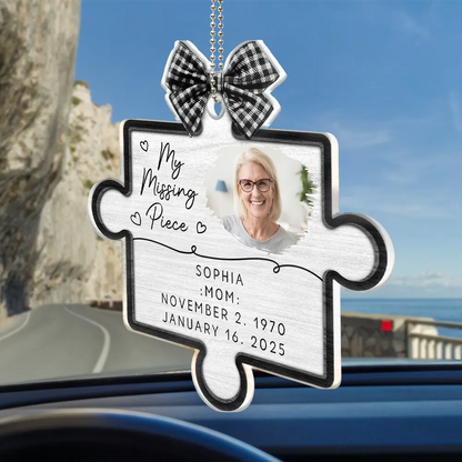 Personalized Acrylic Car Hanger Memorial Puzzle Piece with Photo, Bow & Hearts, Unique Sympathy Gift for Mom