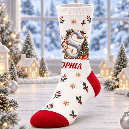 Custom Name Christmas Crew Socks with Whimsical Initial, Christmas Tree and Holly Design, Festive Stocking Stuffer for Loved Ones