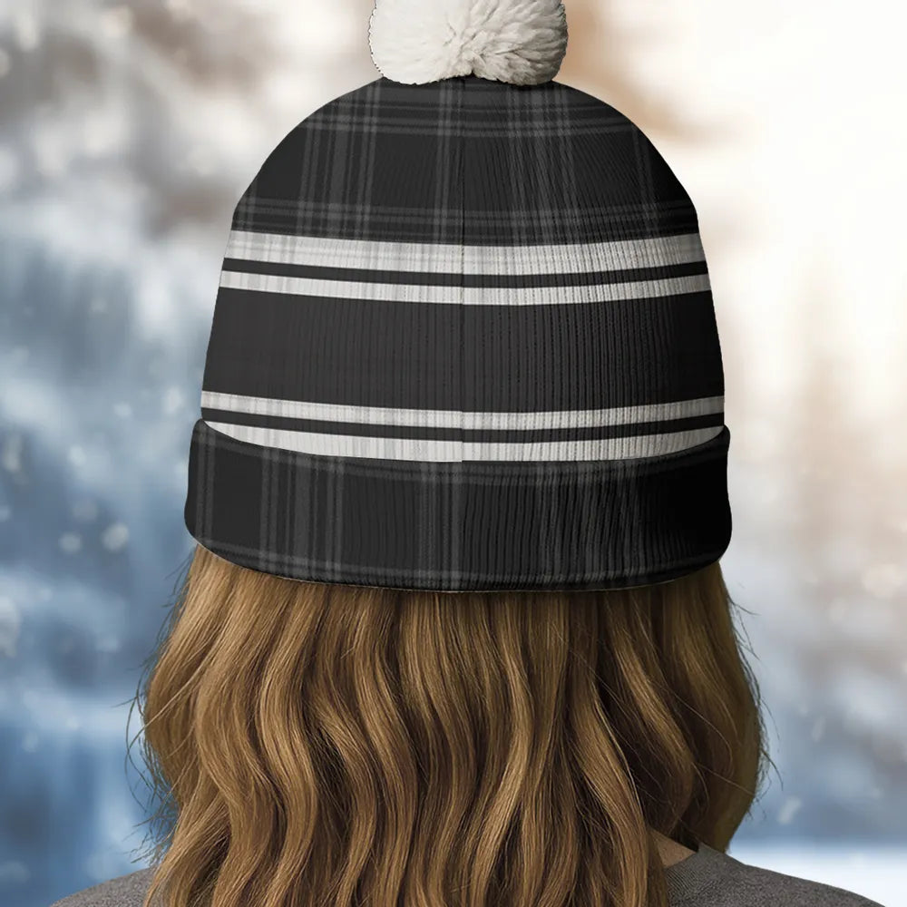 Dog Dad Bobble Beanie Hat, Custom Cartoon Owner Sitting with Pup on Black Plaid, Cozy Everyday Gift