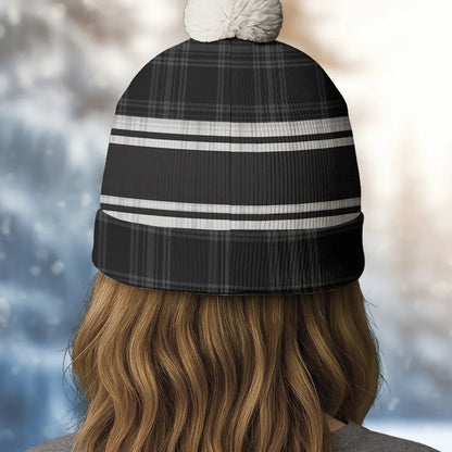 Dog Dad Bobble Beanie Hat, Custom Cartoon Owner Sitting with Pup on Black Plaid, Cozy Everyday Gift