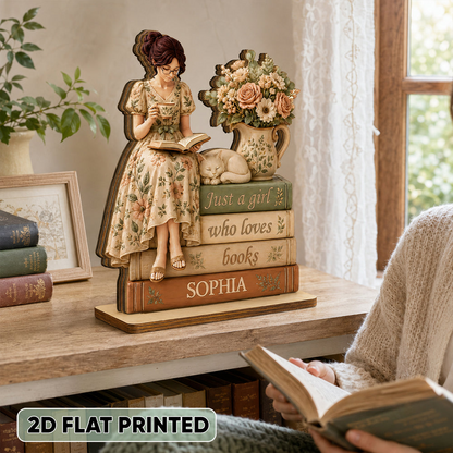 Personalized 2-Layer Wooden Plaque, Cottagecore Girl Reading with Cat, Unique Gift for Book Lovers