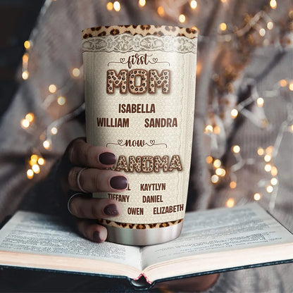 Personalized Insulated Travel Tumbler for Grandma, First Mom Now Grandma Leopard Lace Design, Unique Gift for Her