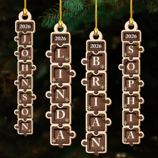 Personalized Wooden Ornament, Rustic Stacked Letter Design for Christmas Tree Decor, Unique Family Gift