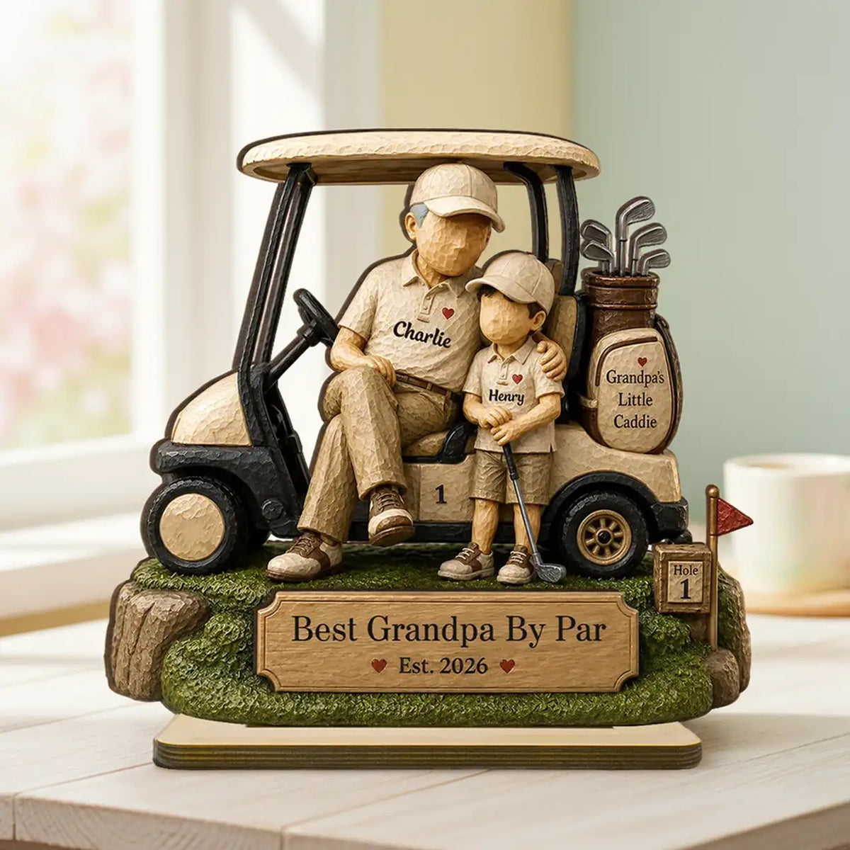 Personalized 2-Layer Wooden Plaque, Grandpa & Little Caddie Golf Cart Scene, Unique Gift for Grandpa