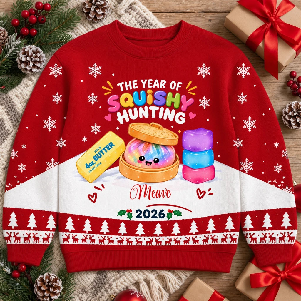 Custom Year of Squishy Hunting Christmas Sweatshirt, Cute Kawaii Toy Collector Design, Personalized Name & Year Holiday Gift