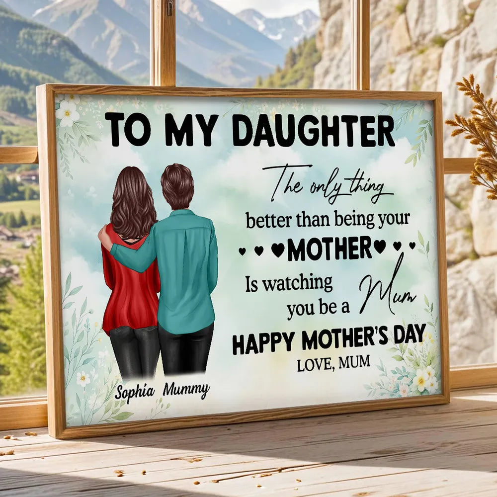Personalized Mother's Day Message Poster with Mom and Daughter Hugging Illustration, Floral Wall Art, Unique Gift for Daughter