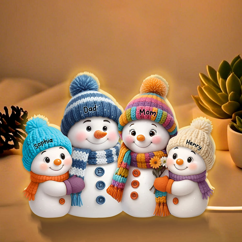 Personalized Snowman Family Acrylic Light Box with soft lighting, heartfelt winter gift for parents or loved ones