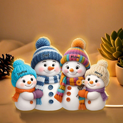 Personalized Snowman Family Acrylic Light Box with soft lighting, heartfelt winter gift for parents or loved ones