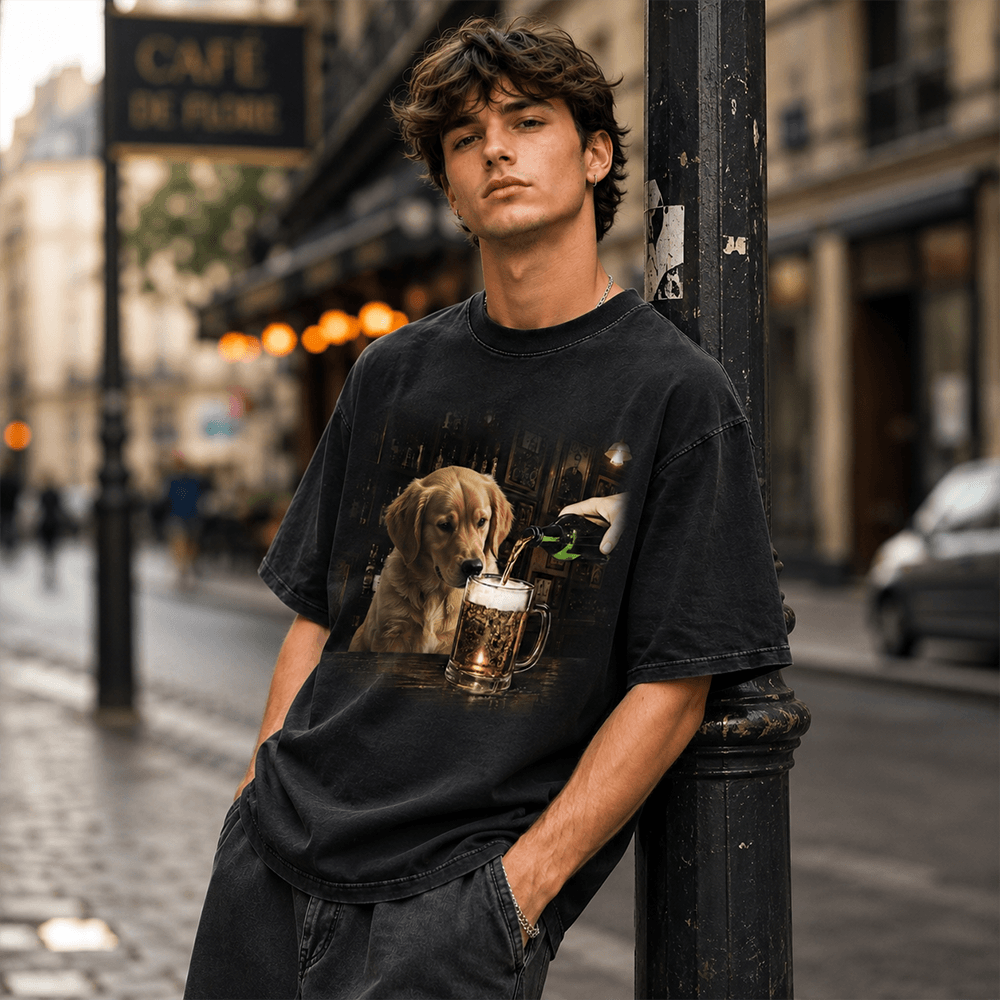 Custom Dog Portrait Classic Tee, Playful Pub Scene with Beer, Creative Gift for Pet Owners