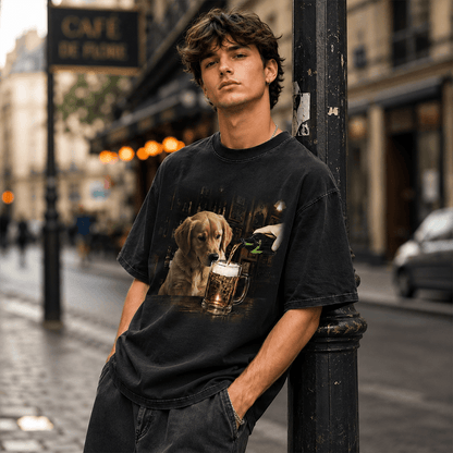 Custom Dog Portrait Classic Tee, Playful Pub Scene with Beer, Creative Gift for Pet Owners