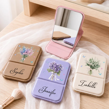 Personalized Birth Month Flower Leather Folding Makeup Mirror, Pastel Botanical Unique Gift for Her