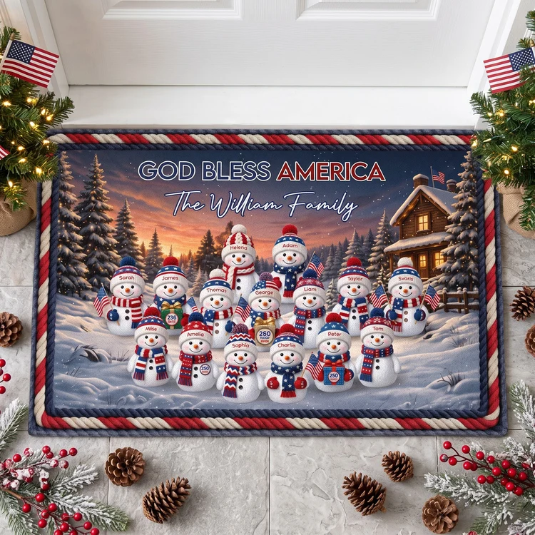 Personalized Snowman Family Doormat for America's 250th Anniversary, American Flag Christmas Decor