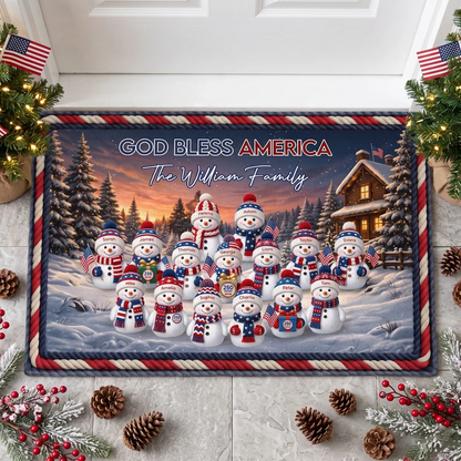 Personalized Snowman Family Doormat for America's 250th Anniversary, American Flag Christmas Decor