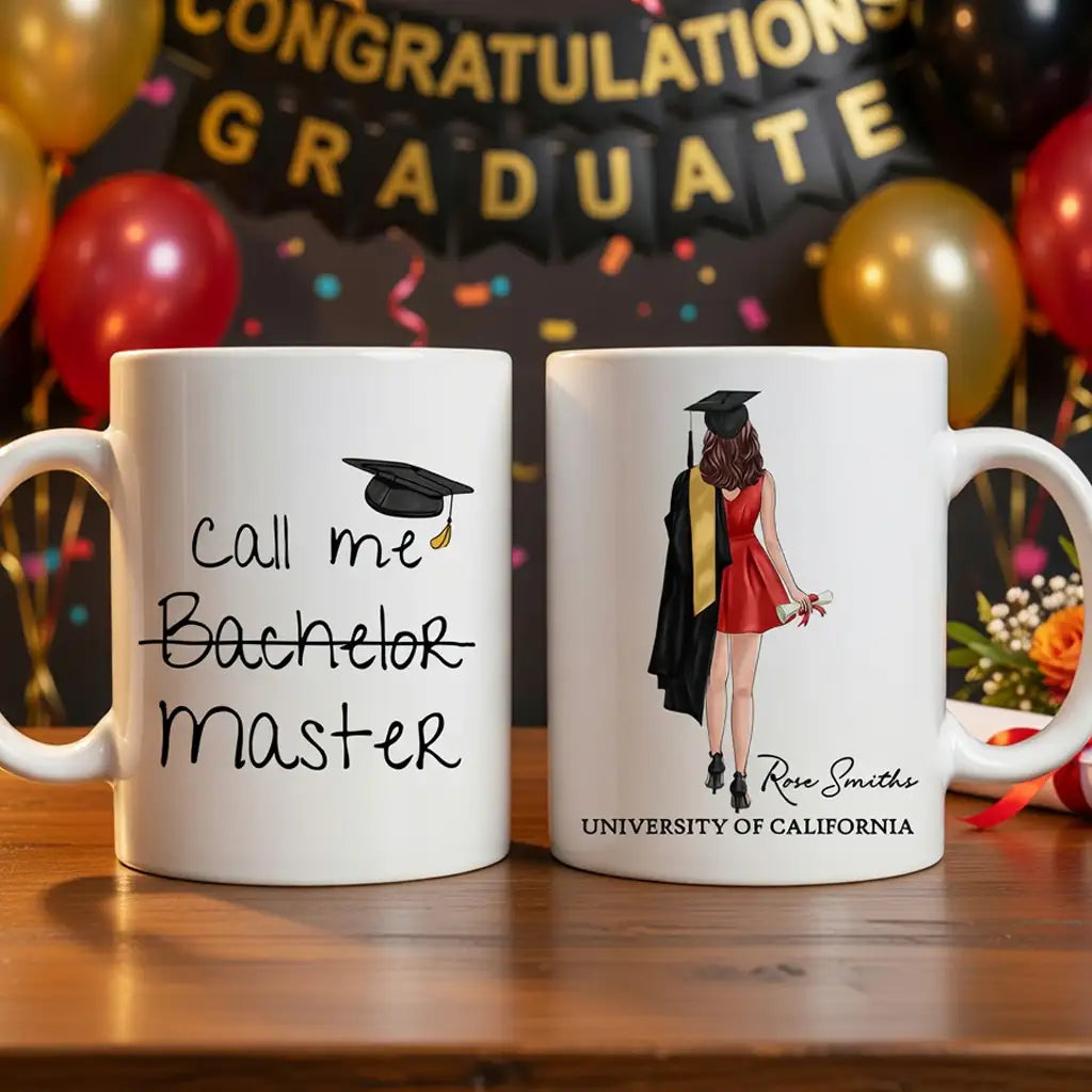 Personalized Ceramic Mug, Call Me Master Graduate in Red Dress, Unique Graduation Gift for Her