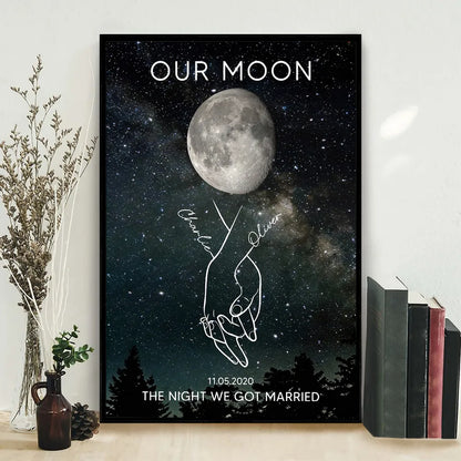 Personalized Moon Phase Poster, Couple Holding Hands Line Art on Starry Sky Wall Art, Unique Romantic Gift