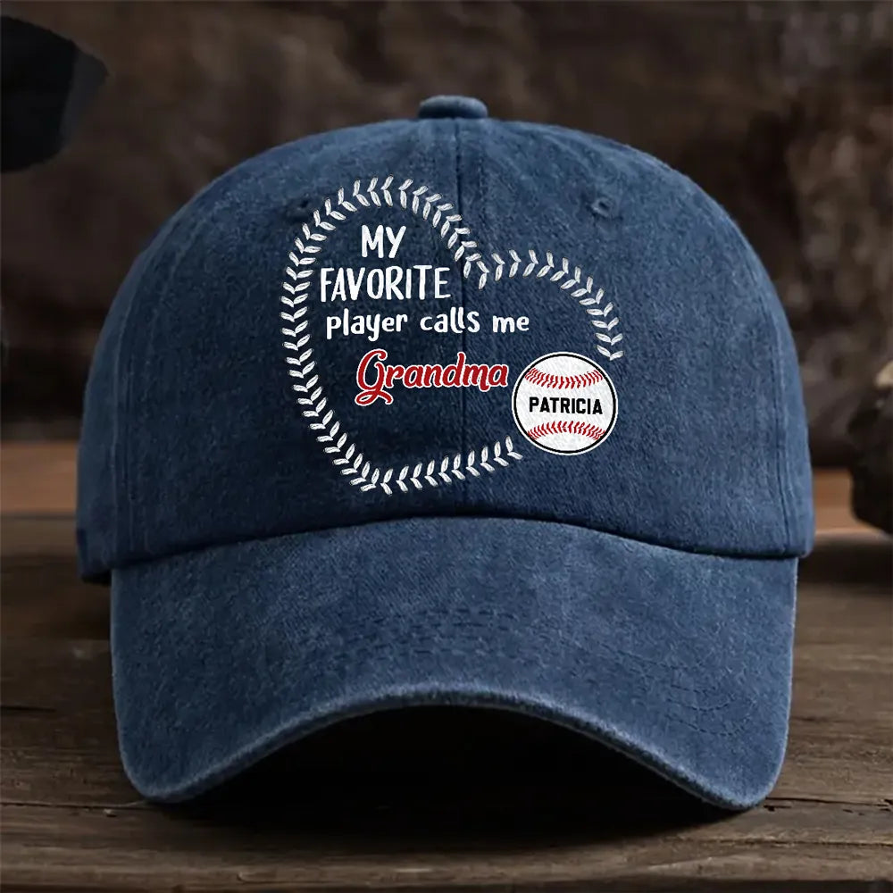 Personalized Washed Denim Baseball Cap, My Favorite Players Call Me Grandma, Vintage Baseball Gift for Grandma