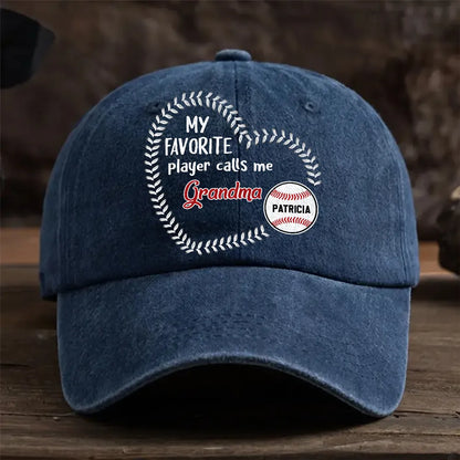 Personalized Washed Denim Baseball Cap, My Favorite Players Call Me Grandma, Vintage Baseball Gift for Grandma