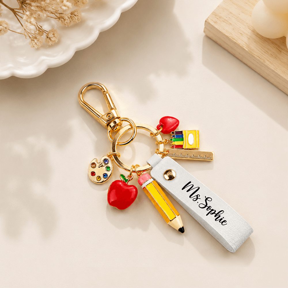 Personalized Teacher Keychain with Name, Apple, Pencil & School Charms – Unique Teacher Appreciation Gift