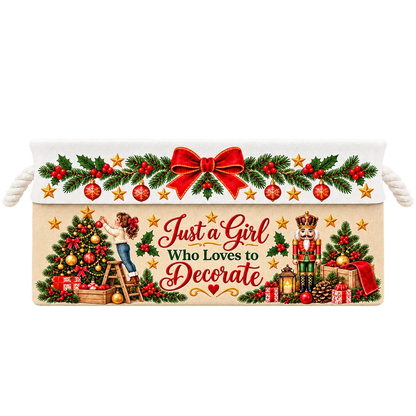 Personalized Cotton Linen Rope Basket, Woman Decorating Christmas Tree, Unique Gift for Holiday Decor Lovers
