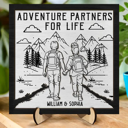Personalized 2-Layer Wooden Plaque Adventure Partners For Life Couple Hiking Scene - Unique Gift For Your Favorite Travel Buddy