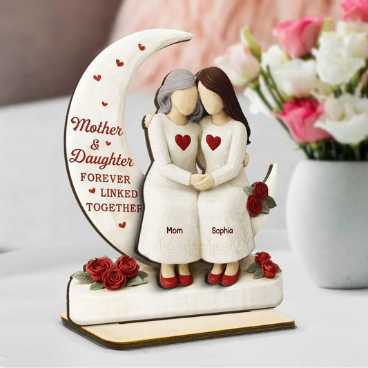 2-Layer Wooden Plaque Moon and Roses Mother Daughter Hug Keepsake Decor - Sweet Creative Gift for Mom or Daughter