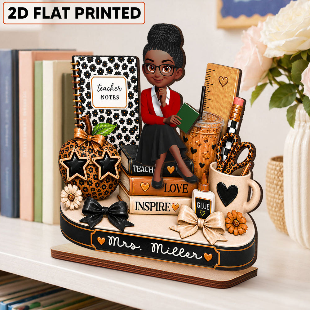 Personalized 2-Layer Wooden Plaque, Seated Teacher & Leopard Desk Decor, Unique Creative Gift for Teacher