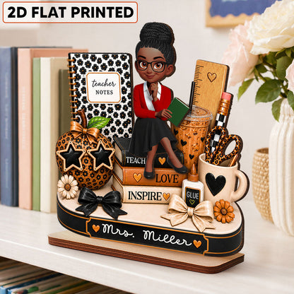 Personalized 2-Layer Wooden Plaque, Seated Teacher & Leopard Desk Decor, Unique Creative Gift for Teacher