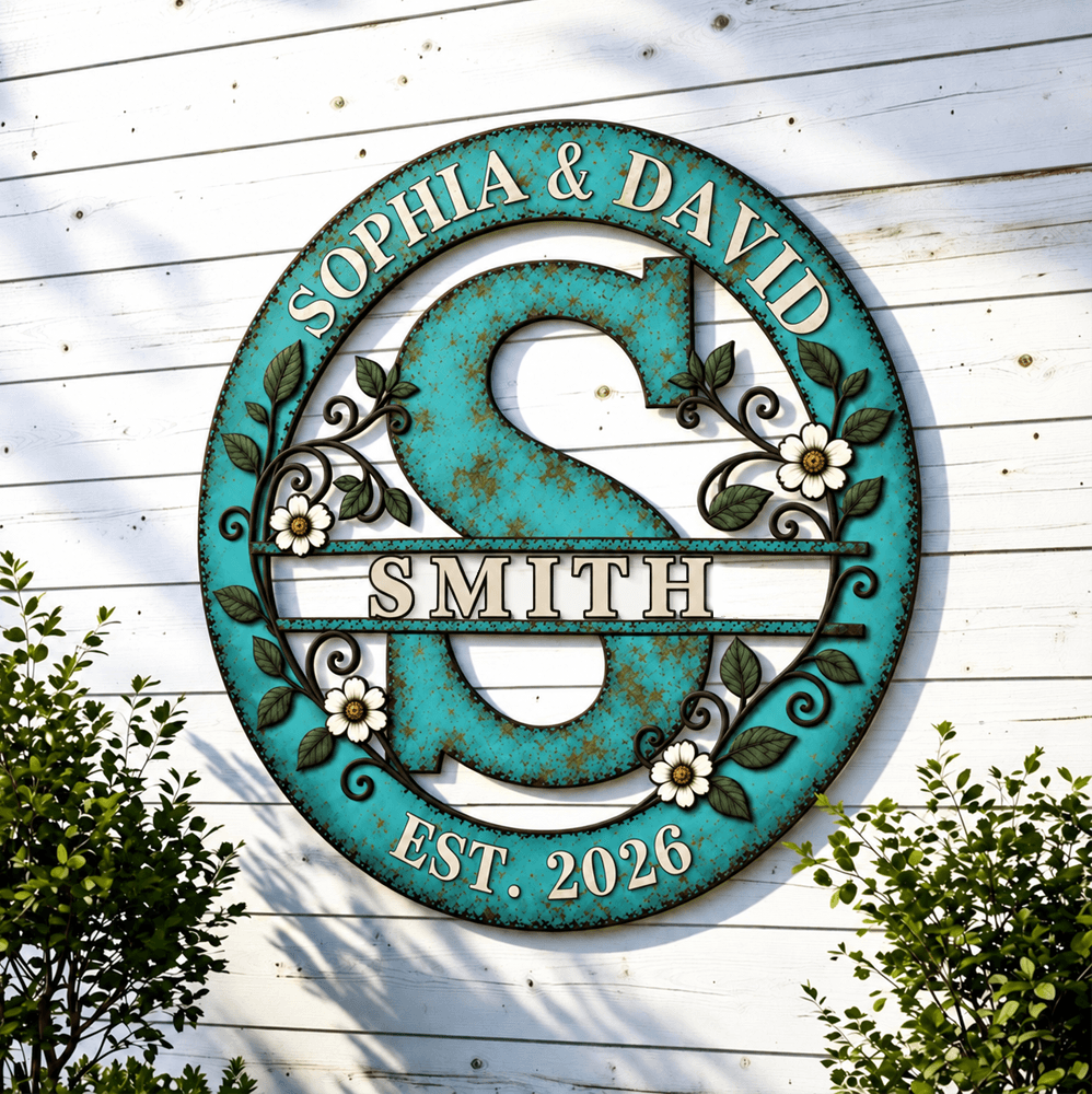 Personalized Shaped Metal Sign, Teal Floral Monogram for a Sunlit Porch, Unique Housewarming Gift for Family