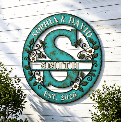 Personalized Shaped Metal Sign, Teal Floral Monogram for a Sunlit Porch, Unique Housewarming Gift for Family
