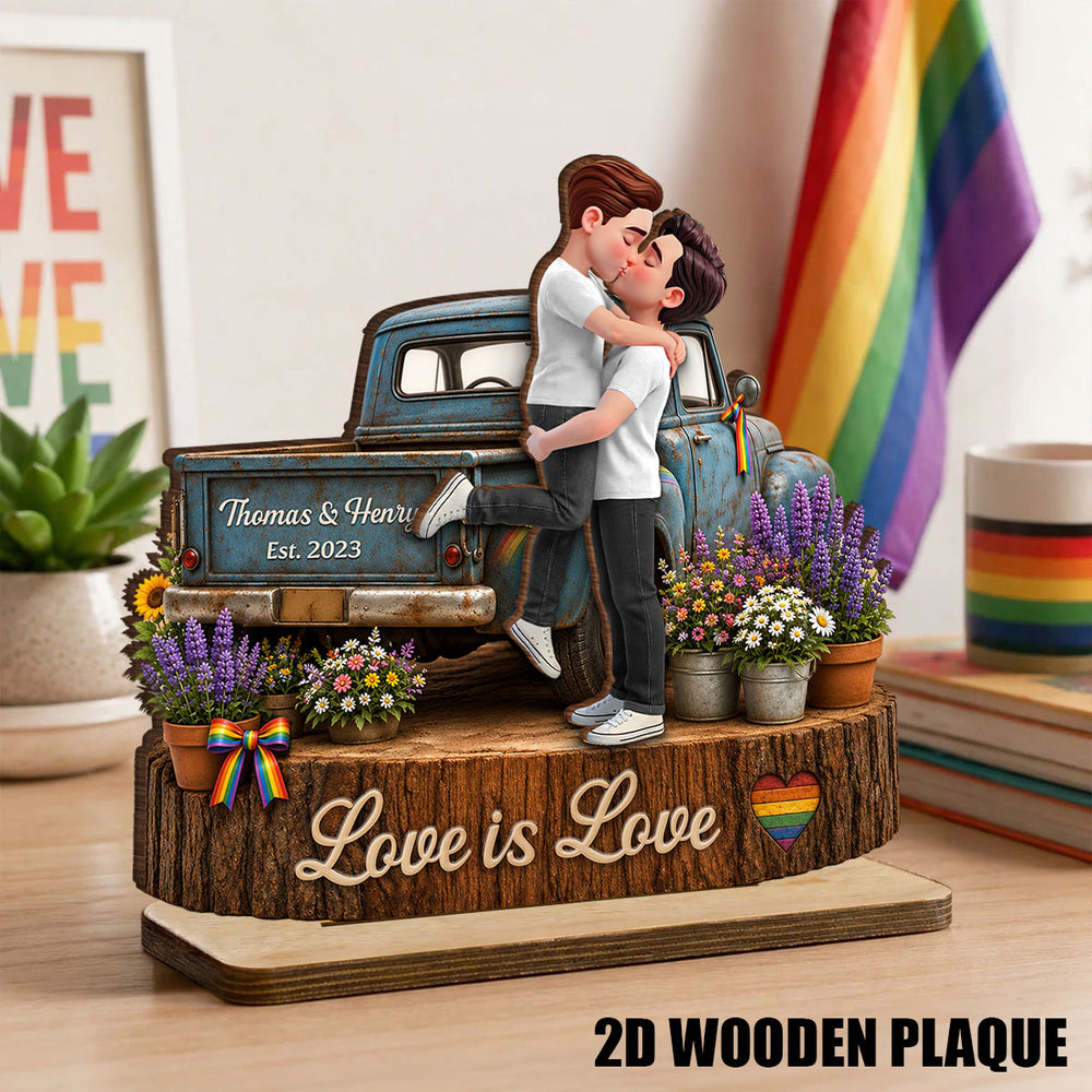Personalized LGBT Couple 2-Layer Wooden Plaque, Kissing Pickup Truck Art, Proudly Us Creative Gift