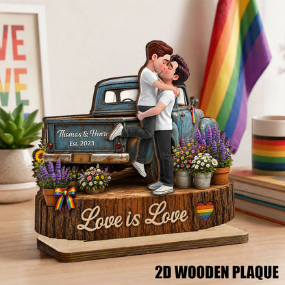 Personalized LGBT Couple 2-Layer Wooden Plaque, Kissing Pickup Truck Art, Proudly Us Creative Gift