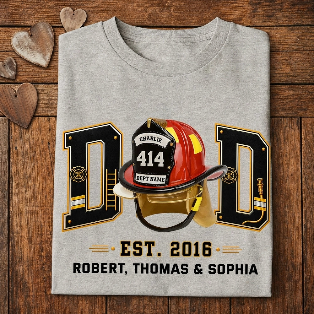 Personalized Firefighter Dad Classic Tee, Helmet Design, Unique Gift for Dad & Husband