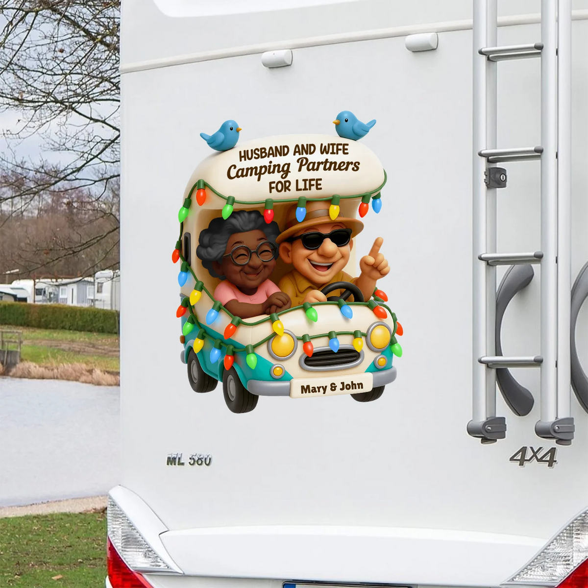 Personalized Sticker Decal, Colorful Cartoon Camping Couple in Camper, Unique Creative Gift for Husband and Wife