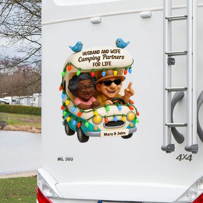 Personalized Sticker Decal, Colorful Cartoon Camping Couple in Camper, Unique Creative Gift for Husband and Wife