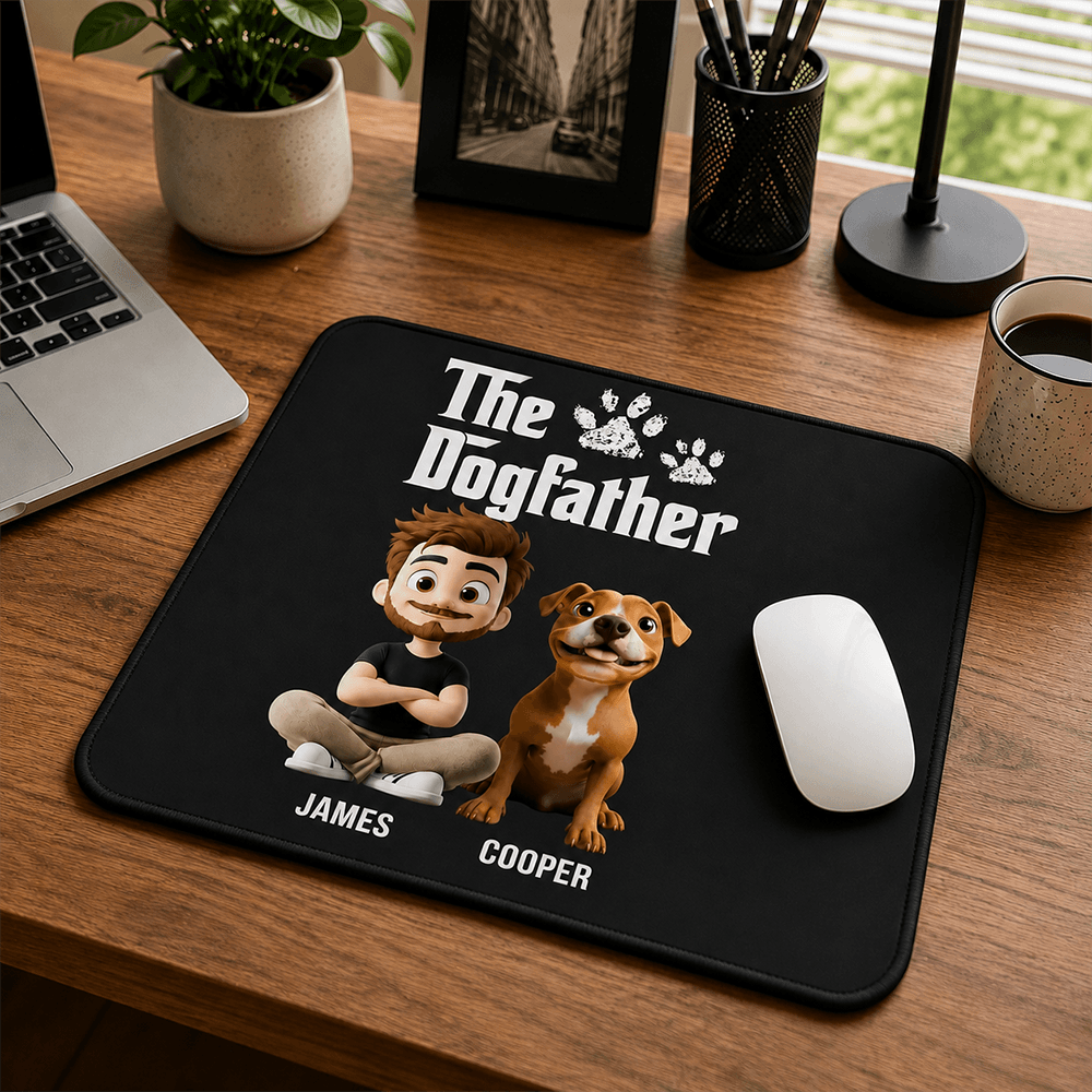 Custom Dogfather Gift Set, Personalized Dog Lover Mouse Pad & Hat with Your Name and Pet Portrait, Funny Gift for Dog Dads