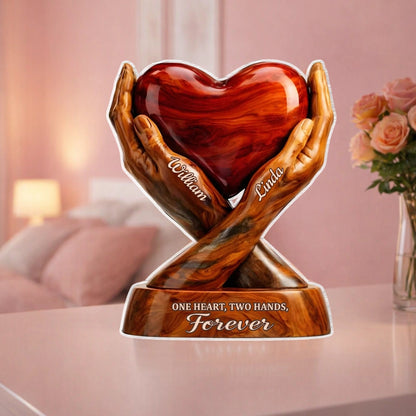 Shaped Acrylic Block Plaque with Heart Held by Two Hands, 'One Heart, Two Hands, Forever' Love Memory, Thoughtful Gift