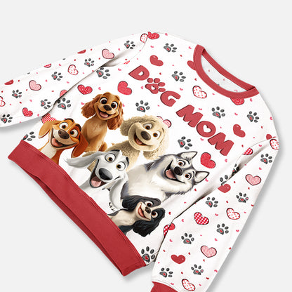 Personalized Dog Mom Printed Sweatshirt, Cartoon Dogs & Paw Hearts, Unique Gift for Pet Moms
