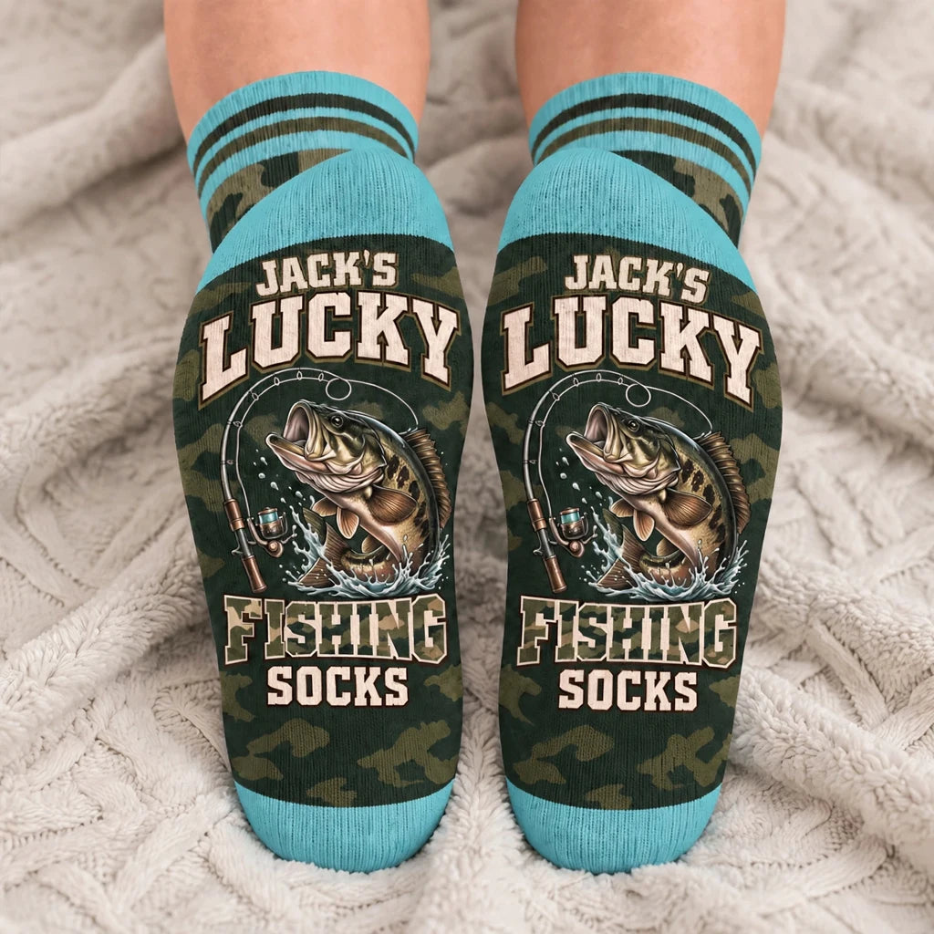 Personalized Lucky Fishing Crew Socks, Humorous Catch Design, Creative Gift for Dad or a Fishing Friend