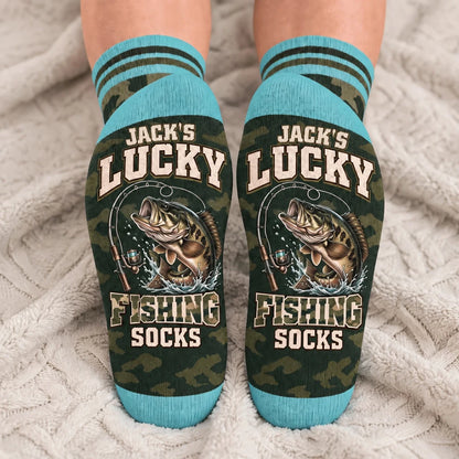 Personalized Lucky Fishing Crew Socks, Humorous Catch Design, Creative Gift for Dad or a Fishing Friend